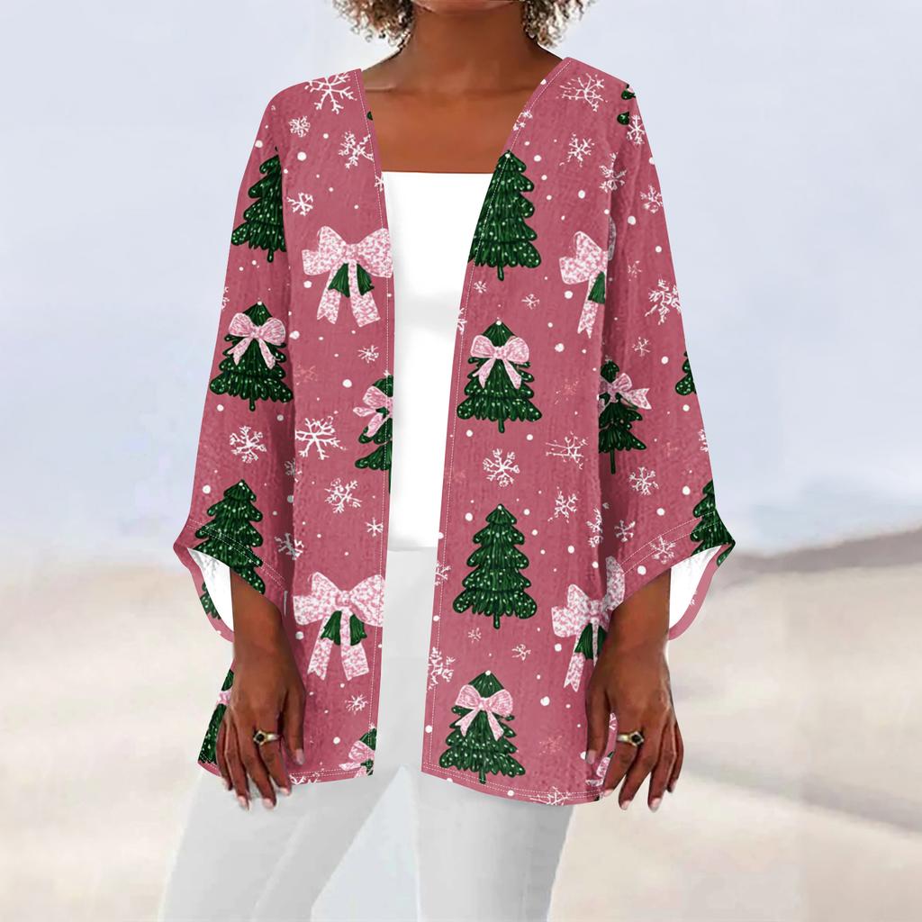 Women's Casual And Fashionable Christmas Printed Lightweight Mid Length Jacket Cardigan