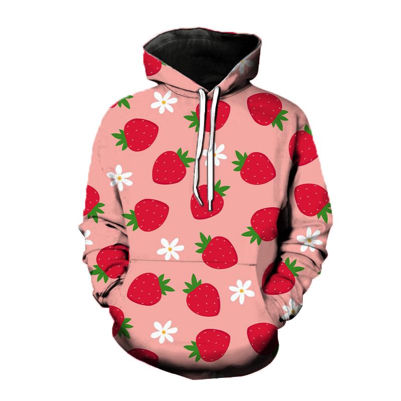 Dámska mikina s 3D potlačou jahody Roztomilý ovocný vzor Voľný ležérny top s dlhým rukávom Módna pohodlná unisex mikina