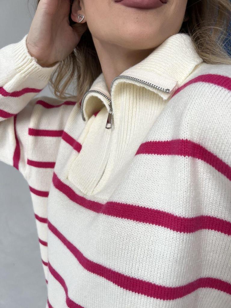 Europeisk och Amerikansk Färgblock Randig Halvdragkedja Stor Storlek Stickad Tröja Kappa