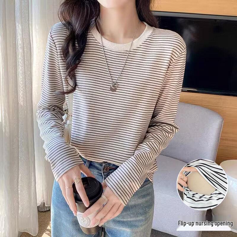 Spring Maternity Striped Cotton Nursing T-Shirt - Slim, Versatile, and Postpartum-Friendly 2XL