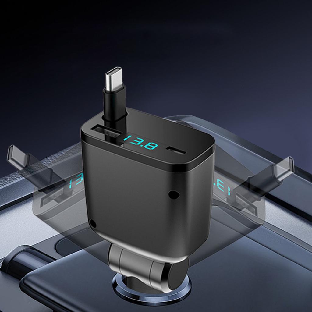 Retractable Car Charger, Fast Car Phone Charge, Type C Retractable Cables And 2 Ports Charger Adapter