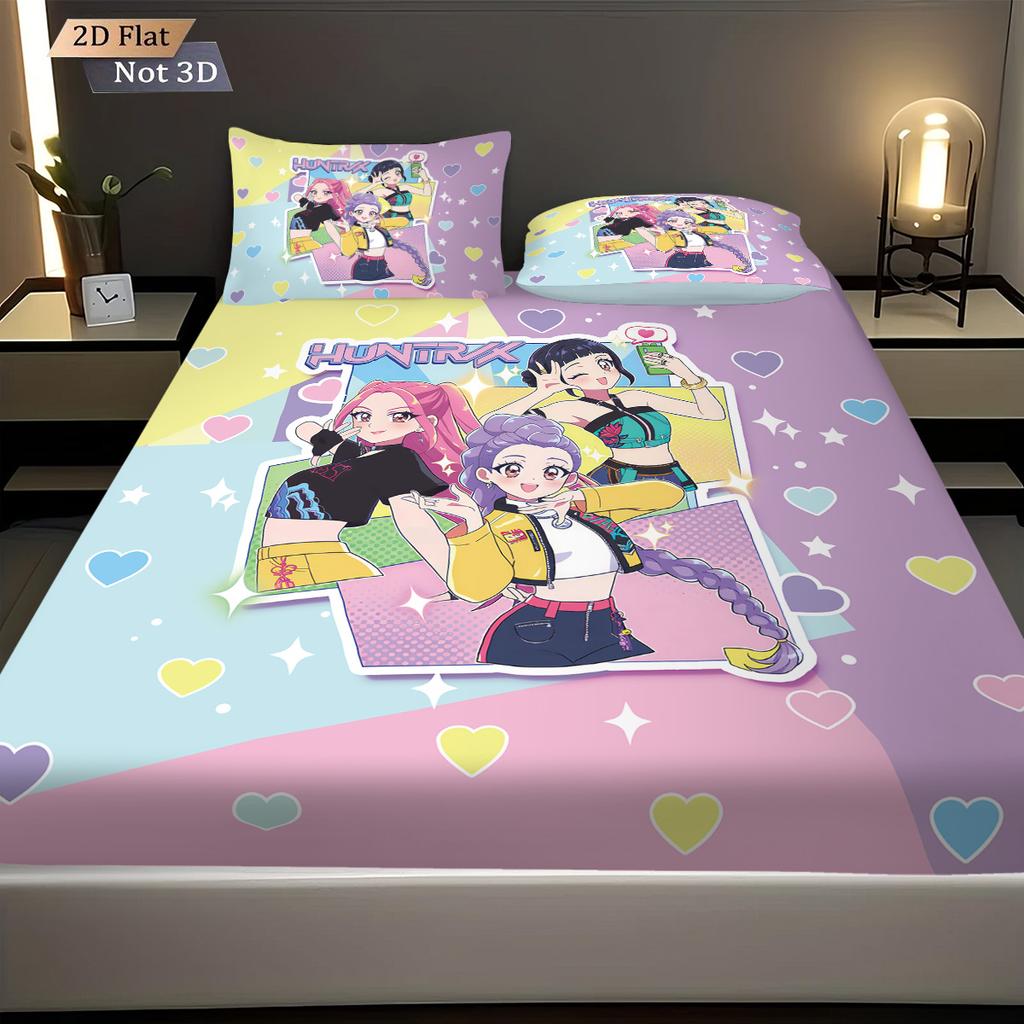 3pcs K-Pop Demon Hunters Print coreless Bed Sheet Set Multi Size Soft Bed Cover Bedroom Bedding Decoration Machine Washable