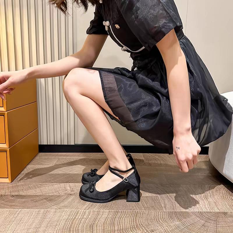 French bow thick heels Mary Jane high heels women 2025 new fairy wind small man a slip-on increase shallow mouth single shoes