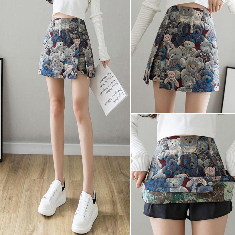 Bear Slit Skirt Women's A-line Skirt New High-waisted Small Person with Anti-exposure Buttocks