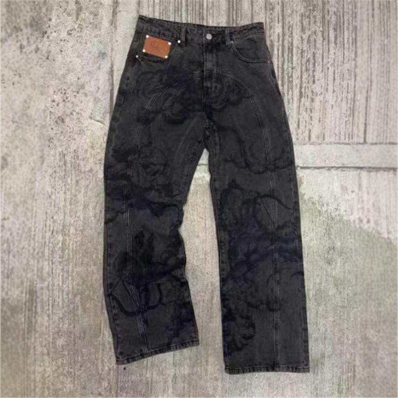 STREETRICH High Waist Slim Fit Comfortable Men's Denim Jeans Artisanal Craftsmanship Loose Style Long Pants Hand-Painted Washed Print