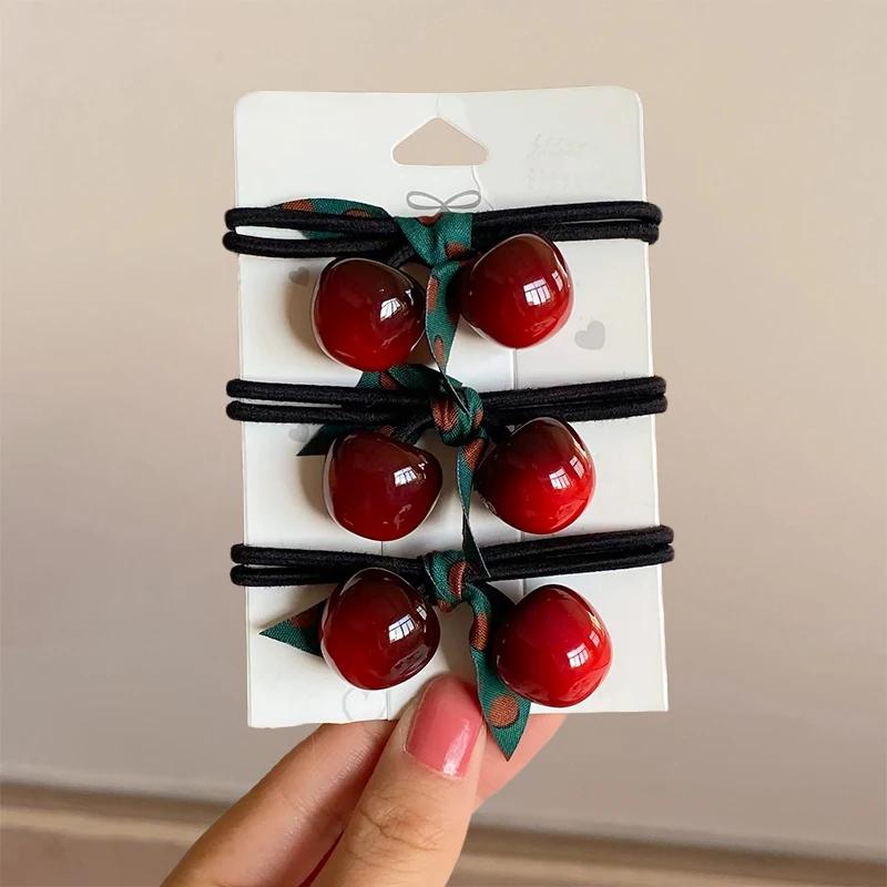 New 3Pcs/Set Cute Sweet Cherry Bow Scrunchies Simple High Elastic Rubber Bands Lady Lovely Hair Bands Women Hair Accessories