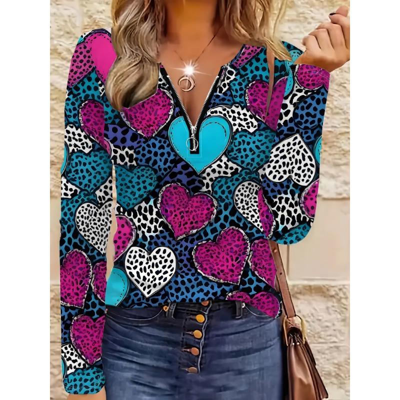 Leopard Print Heart Valentine's Day Pattern Zipper T-shirt Casual Long-sleeved Top Suitable for Spring and Autumn Suitable for Home and Outdoor Wear