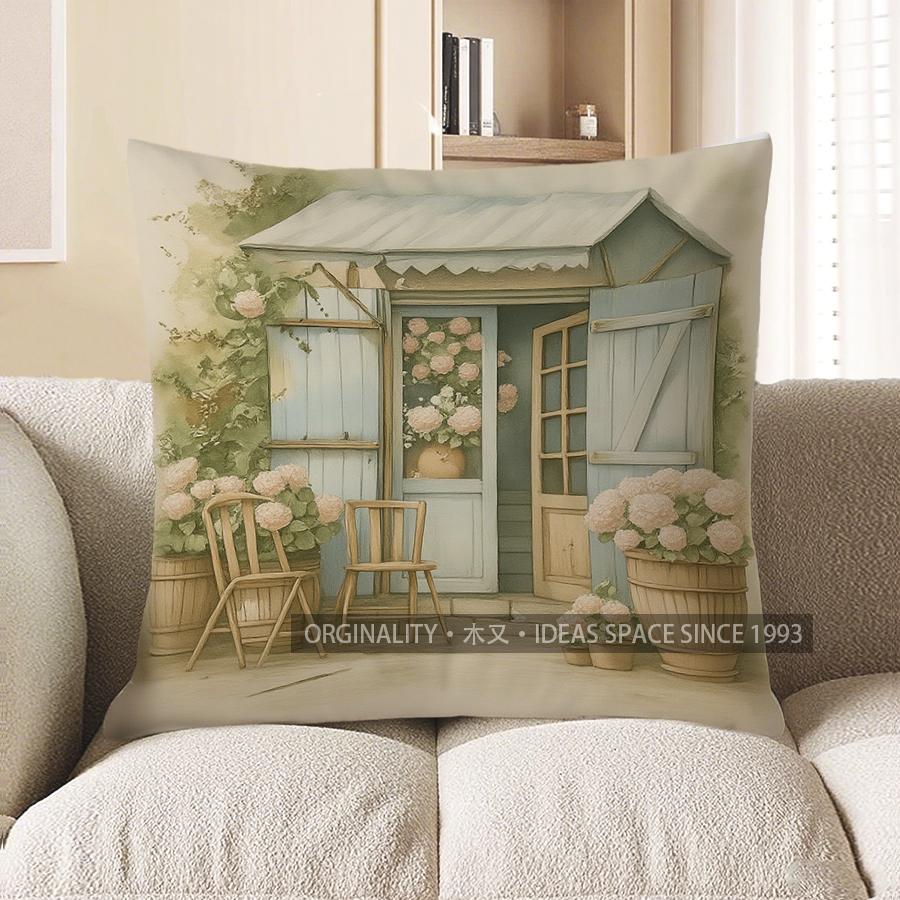 Home Decor Floral Cottage Door Pattern Throw Pillow Pattern Cushion Cover Suitable for Sofa Bedroom Car Pillow Cover