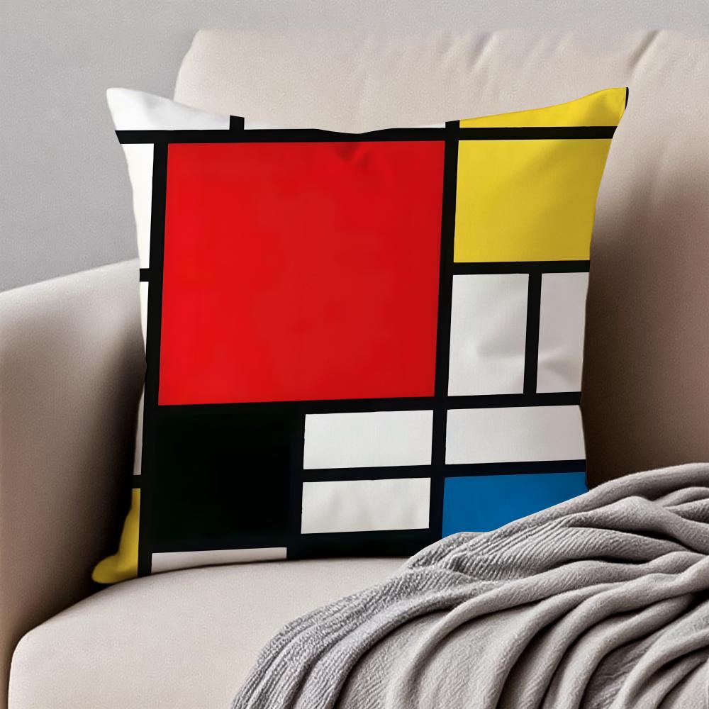 Classic Bright Simple PPiet Cornelies Mondrian Cushion Cover Pillowcase Antidustmite Invisible Zipper Short Plush Sofa Cushion