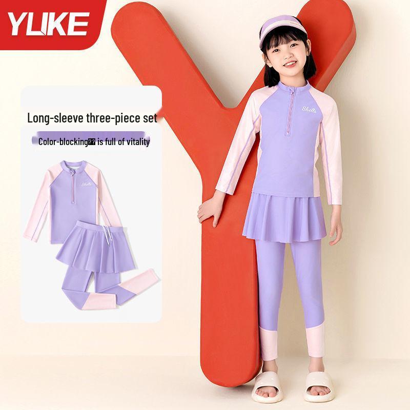 Yu Ke Zweiteiliger Badeanzug im Rock-Stil mit langen Ärmeln zum Sonnenschutz für mittelgroße und große Kinder