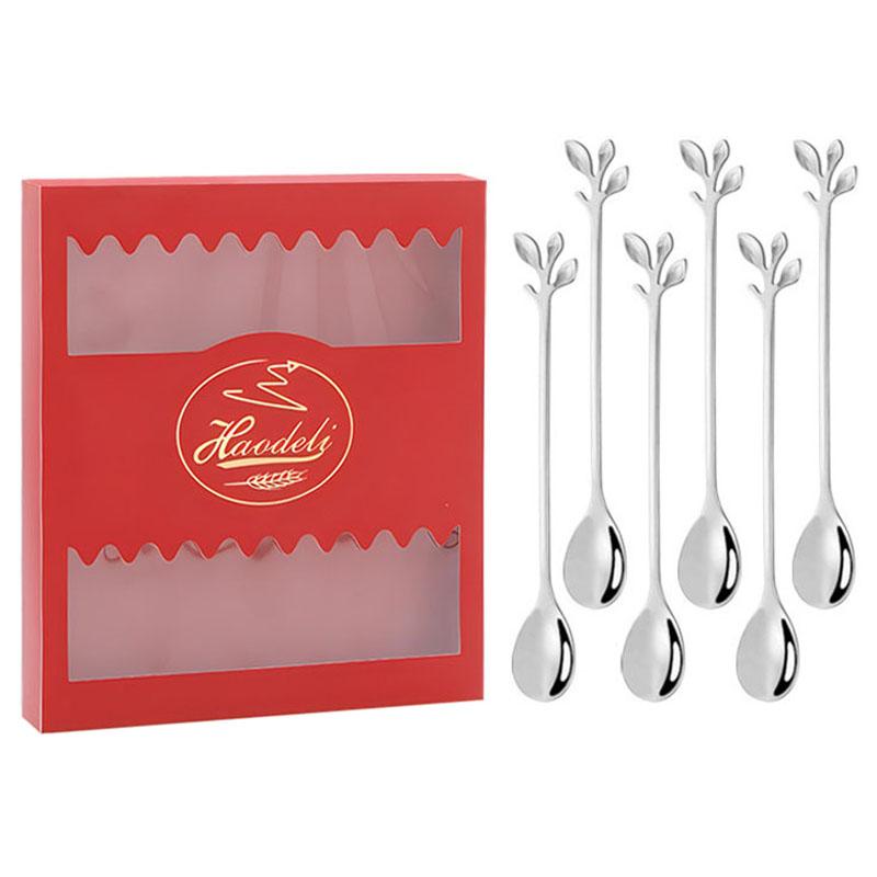 

6PCS/Set Stainless Steel Leaf Shape Silver Dessert Spoons for Coffee Ice Cream Cake Teaspoon Set B