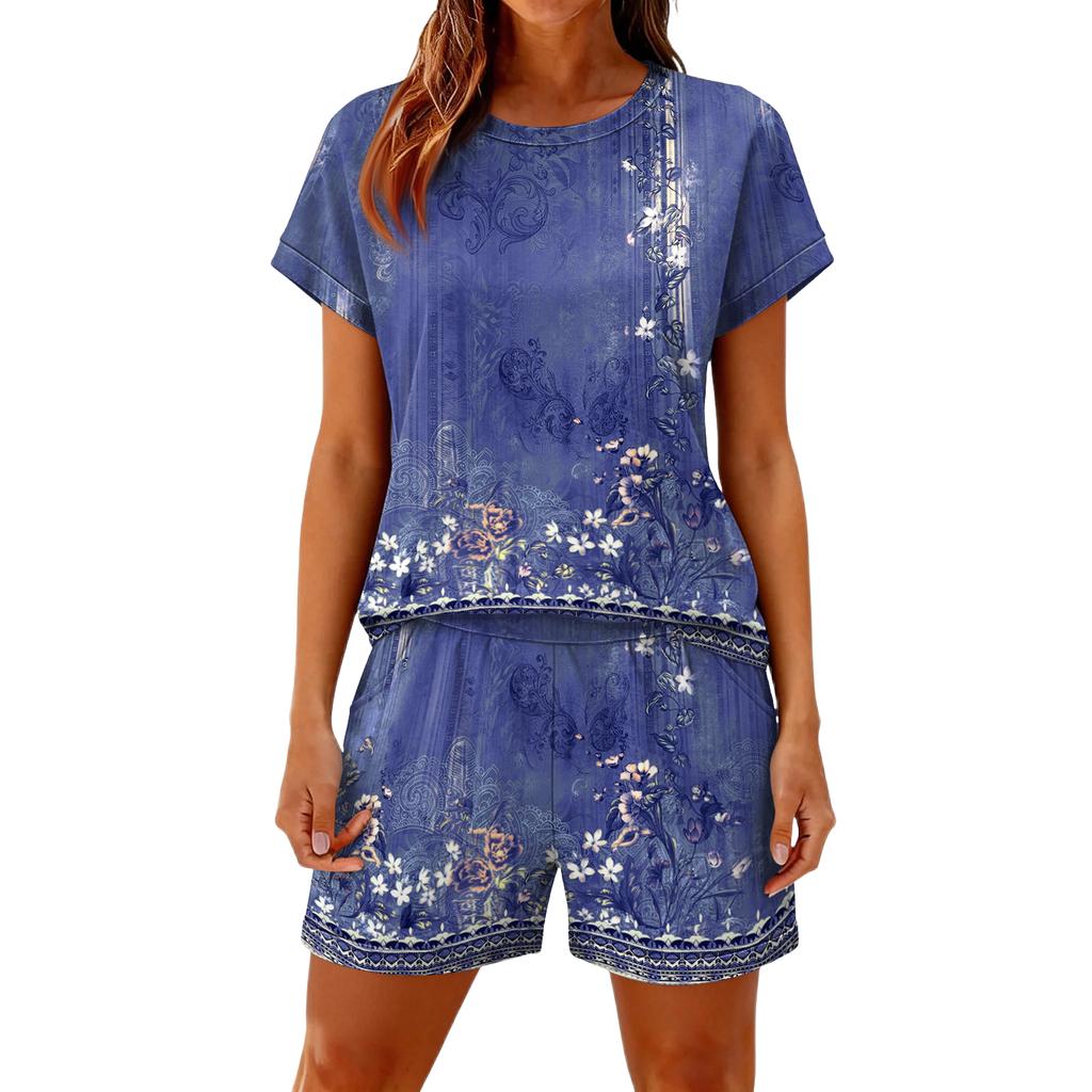 Women's Casual And Comfortable Floral-Print Short-Sleeve Set With Pockets
