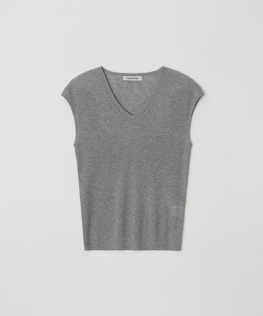 Meojiaenminggeul Rosé Soft Sheer Rib Short Sleeve V-Neck Knit Top (Gray)