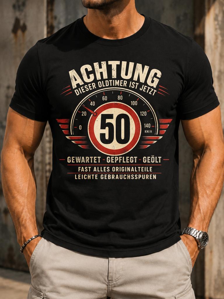 Achtung Oldtimer 50 Speedometer Gauge And Red Wings Around Large 50 Sign Retro Gerunisex Serviced And Unisex All TShirt
