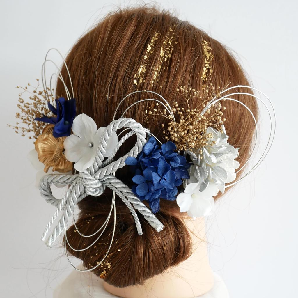 Preserved Flower Hair Ornament with Braided Mizuhiki and Gold Leaf for and Japanese Clothing [Bria] Coming-of-Age Ceremonies, Graduations, Weddings,