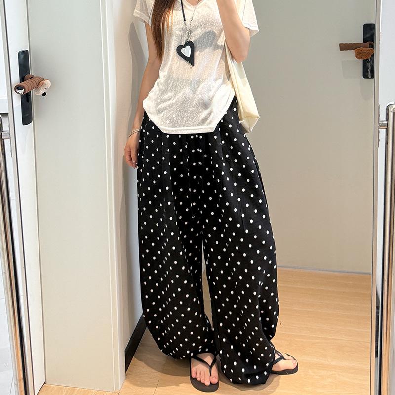 Women’s Dot Pants Loose Casual Summer Spring Trousers Lightweight Wide Leg Pants Korean Full Pants Trousers