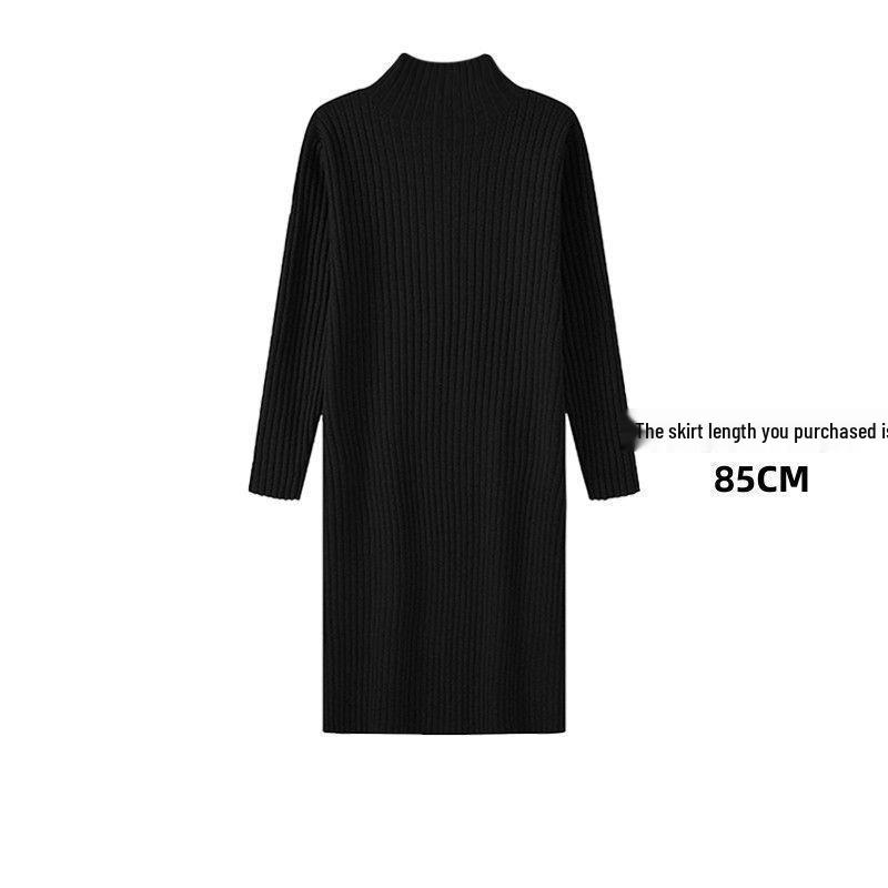 Women's Mid-Length Wool Knit Dress - Loose, Long Sleeve, Half-High Collar, Perfect for Layering Under Coats, Autumn & Winter Wear.