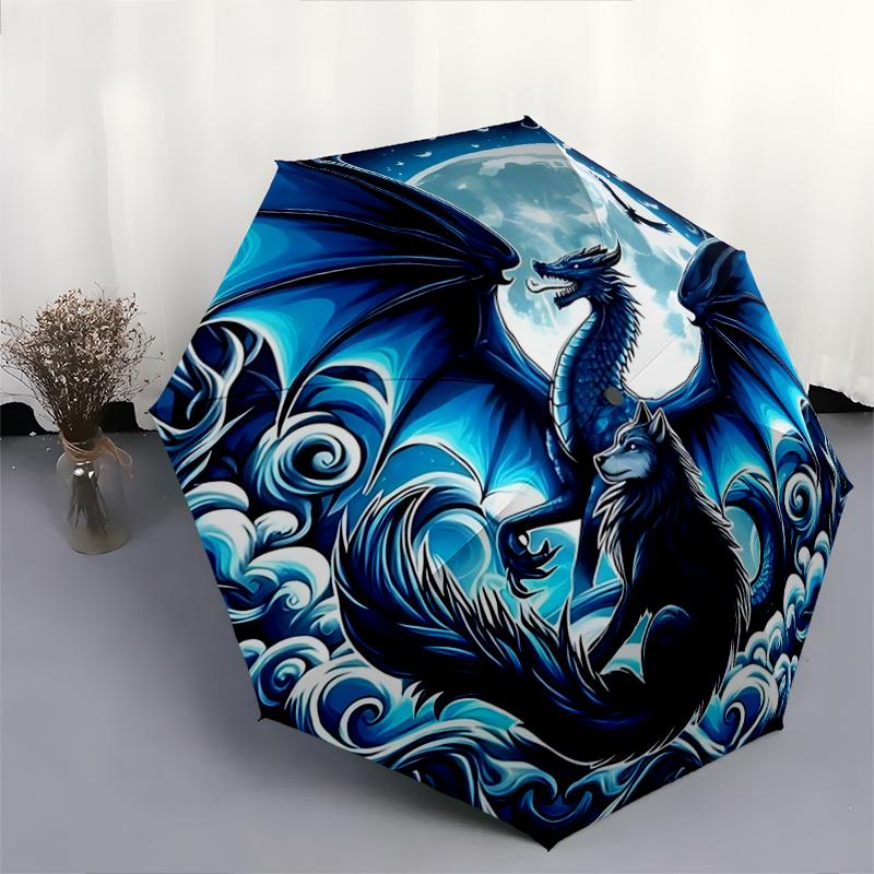 1pc Dragon and Wolf in a Mystical Night Sky Automatic Opening and Closing Umbrella, Lightweight 3-Fold, With Cute Cartoon Characters, Suitable fo