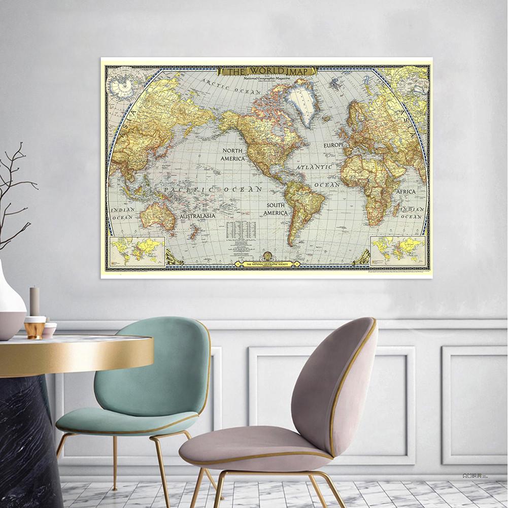 Vintage 1943 World Map Poster Retro Antique Globe Art Print Large Canvas Wall Map Educational Travel Map for Home Office School Wall Decor