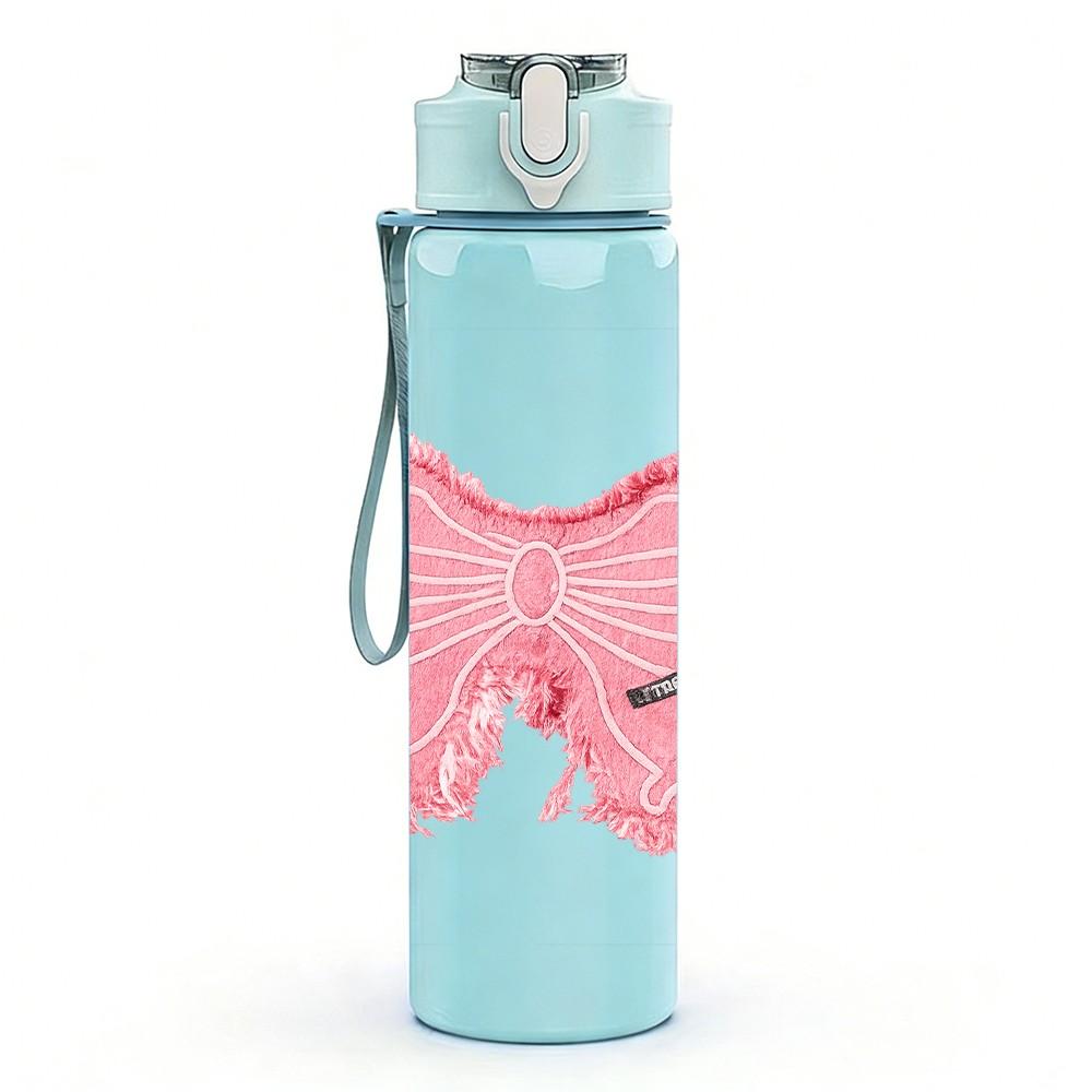 1PC Soft Pink Fabric Bow Ribbon Print 750ml Color Plastic Sports Water Bottle Leakproof Flip Straw Lid Suitable for Sports Office Home Use