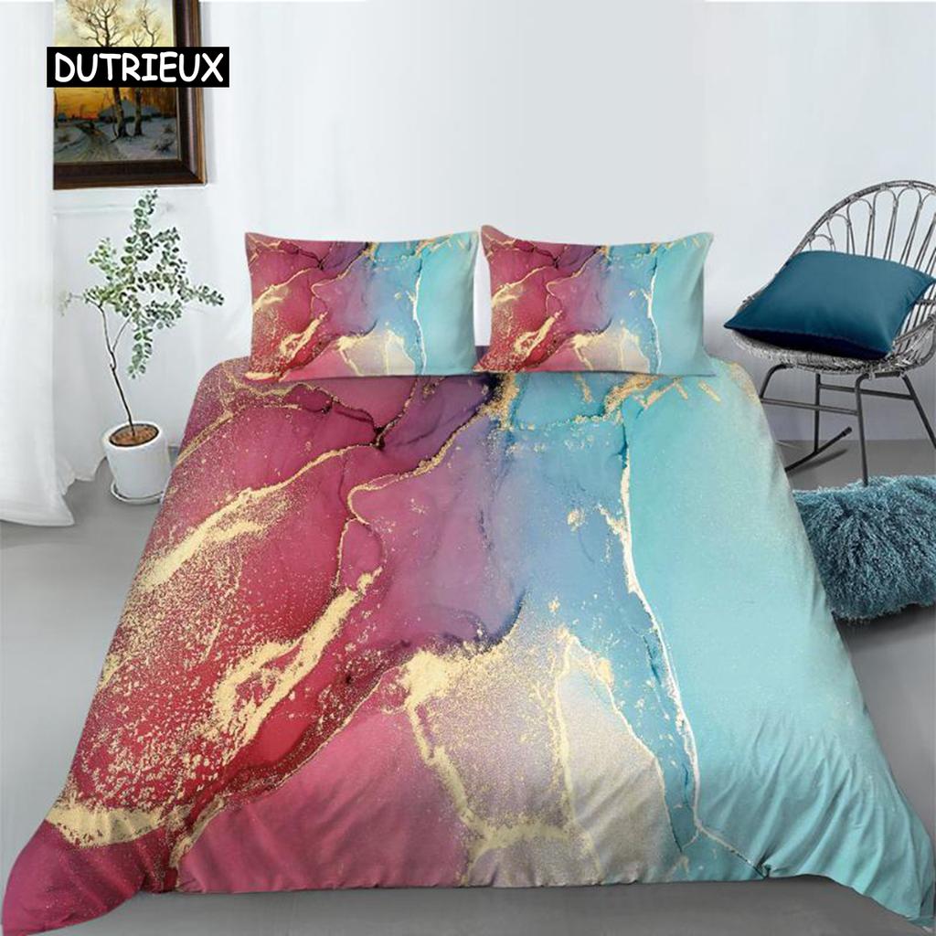 Marble Duvet Cover Set Pink Printed Queen Size Bedding Set Polyester Abstract Print Decor Golden Comforter Cover for Girls Teens
