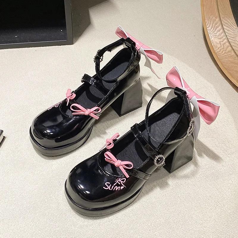 

Милые Сладкие Туфли-лодочки на Высоком Каблуке в Японском Стиле Водонепроницаемые с Бантом-бабочкой Обувь Лолиты Полиуретановая Подкладка Резиновая Подошва 39 чёрный