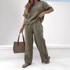 Women's Cotton Linen Two-Piece Outfit Short Sleeve Crew Neck Top And Wide Leg Pants Set Floral Embroidery Casual Lounge Tracksuit