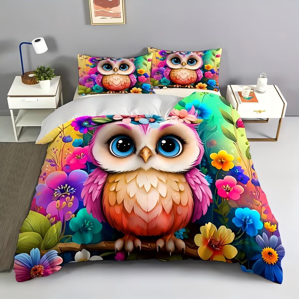 Owl Flower 3D Cartoon Print Bedding Cover Pillowcase Fantastic Colorful Style Comfortable Polyester Duvet Cover With Pillowcase