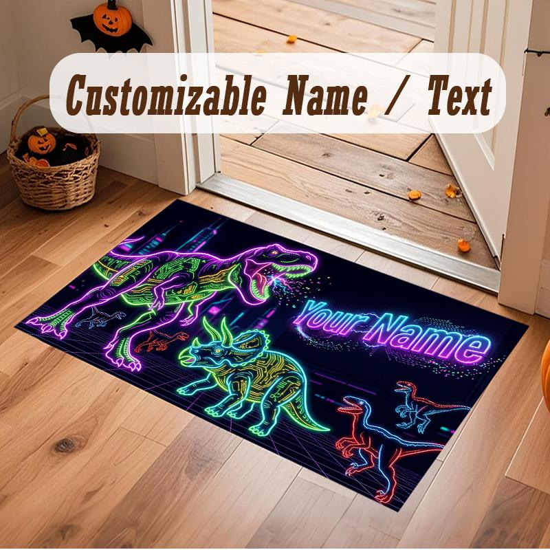 Dinosaur Theme Soft Crystal Velvet Rug Custom Name & Text Print Non Slip Floor Rug for Bedroom Living Room