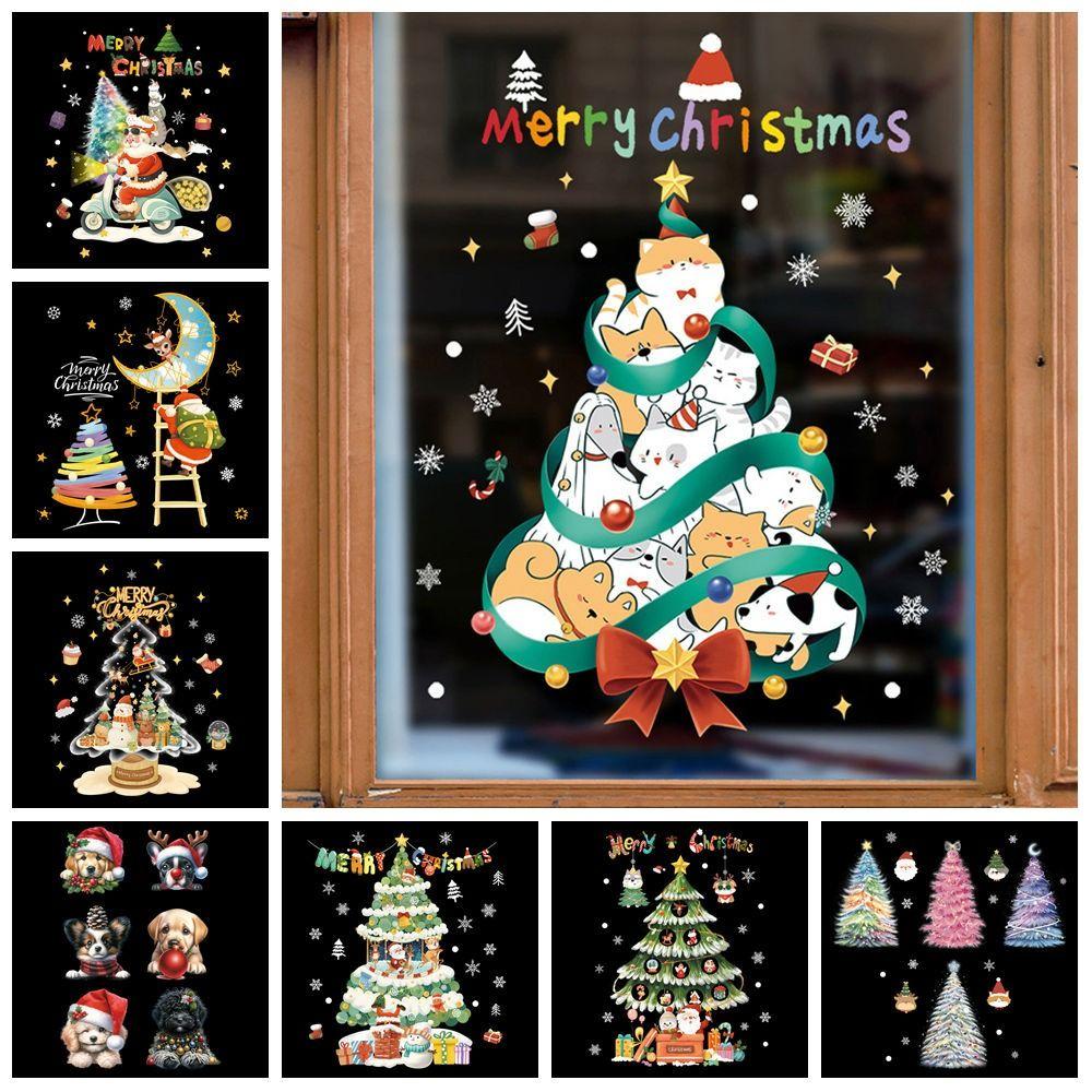 Cartoon Shopwindow Decals Santa Clause Reindeer Xmas Tree Sticker  Festival
