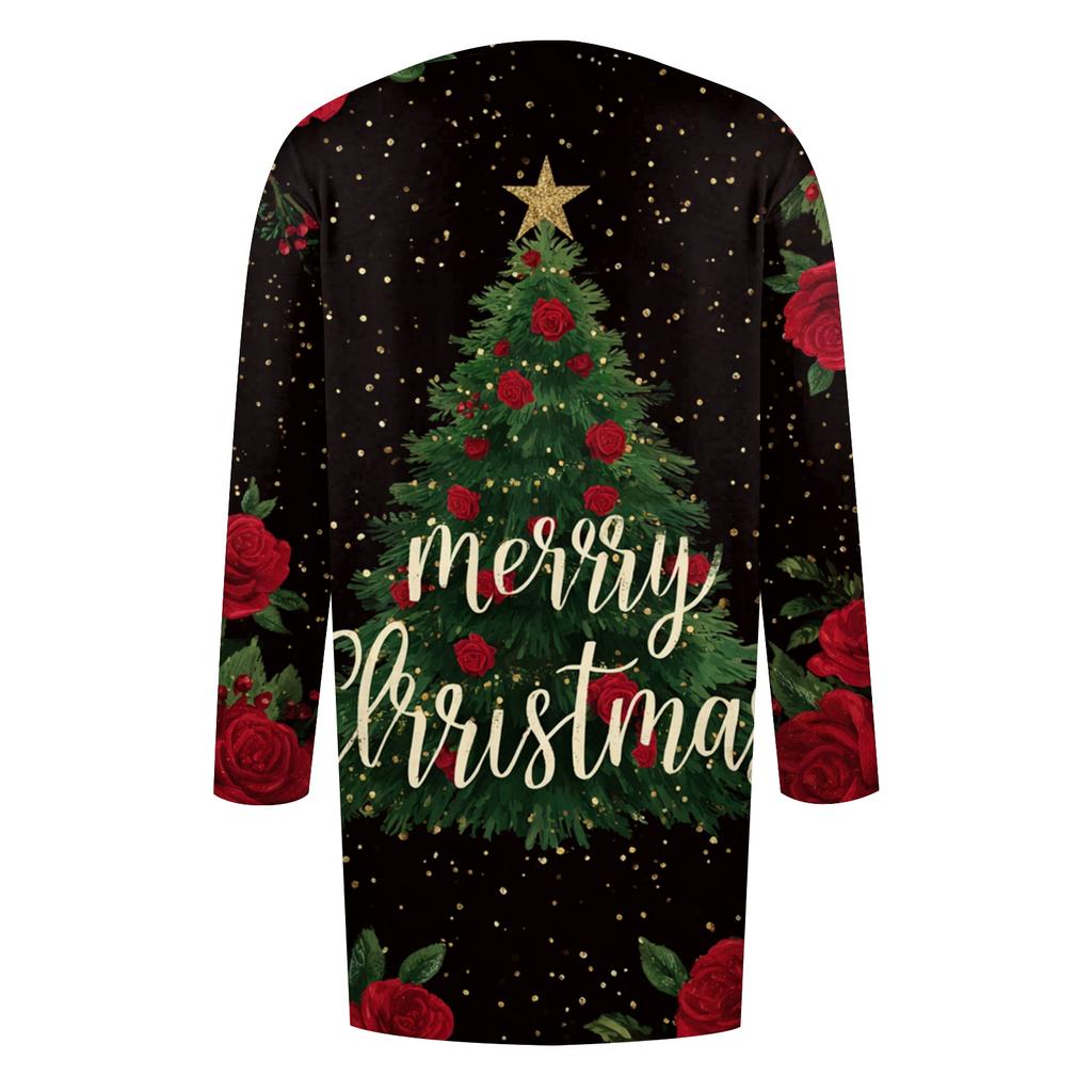 Women's Fashion Casual Christmas Printed Mid-Length Irregular Hem Cardigan Jacket