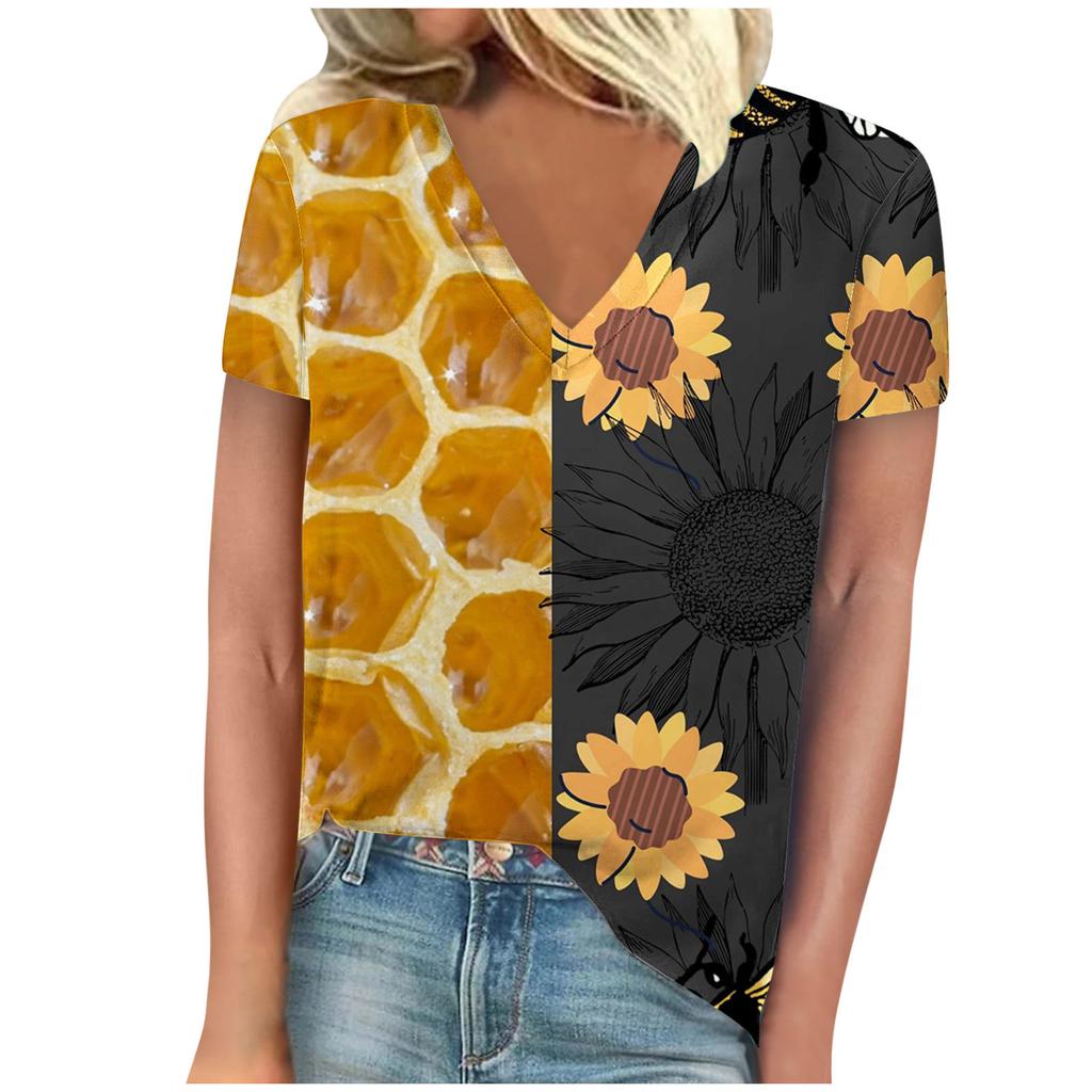 vintage women bee print t shirt short sleeve v neck tops comfortable t-shirts