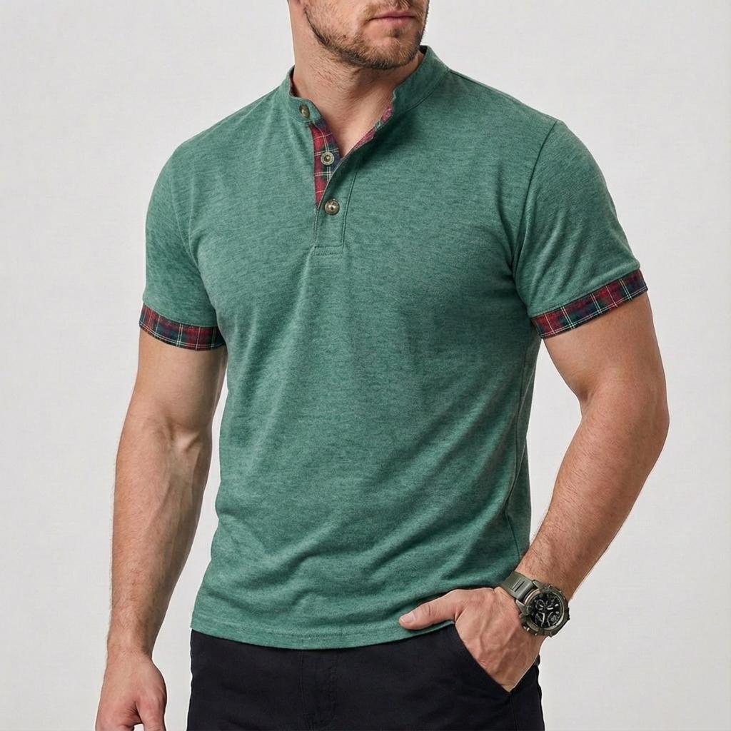 Men's Casual and Fashionable Color-blocked Checkered Shirt, Men's Short-sleeved Stand-up Collar Fitted Top