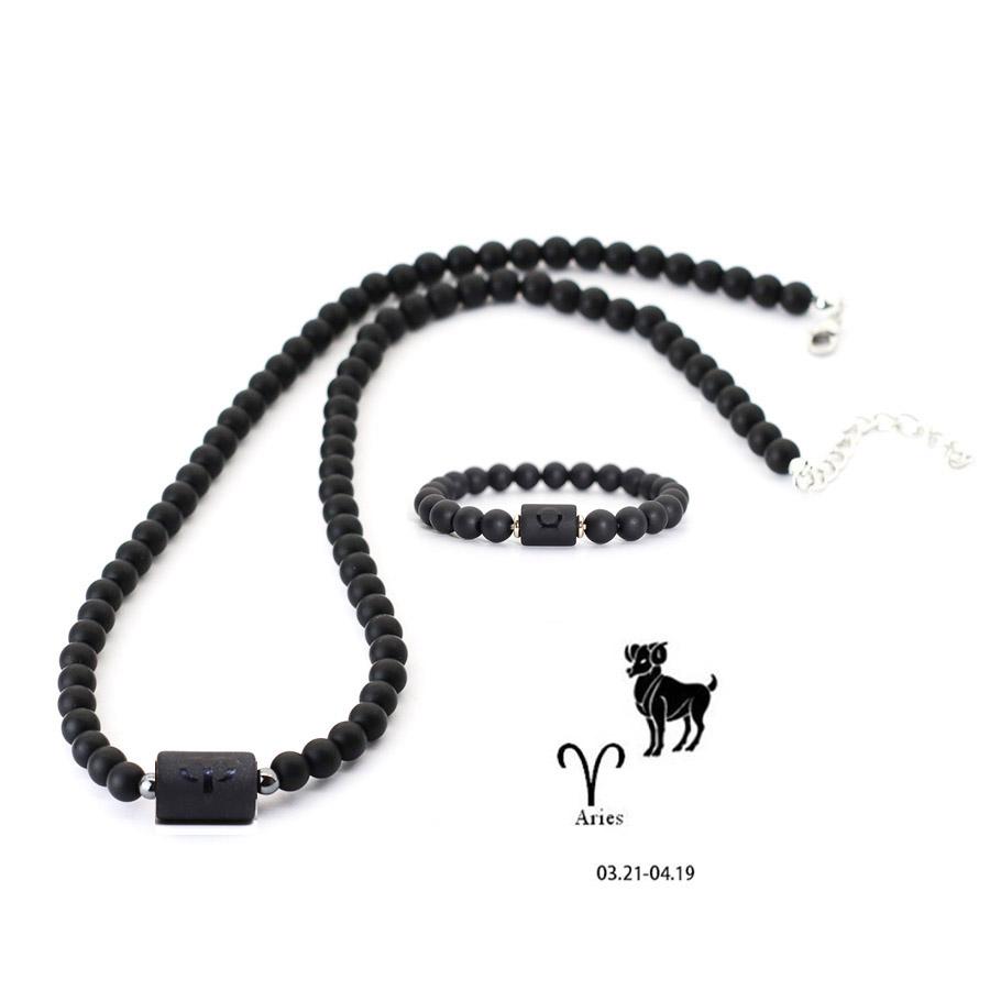 

2Pcs/Set Jewelry Set Men 12 Constellations Necklace Bracelet 19 Inches Short Collar Unfading 8mm Onyx Stone Braslet Pulseria