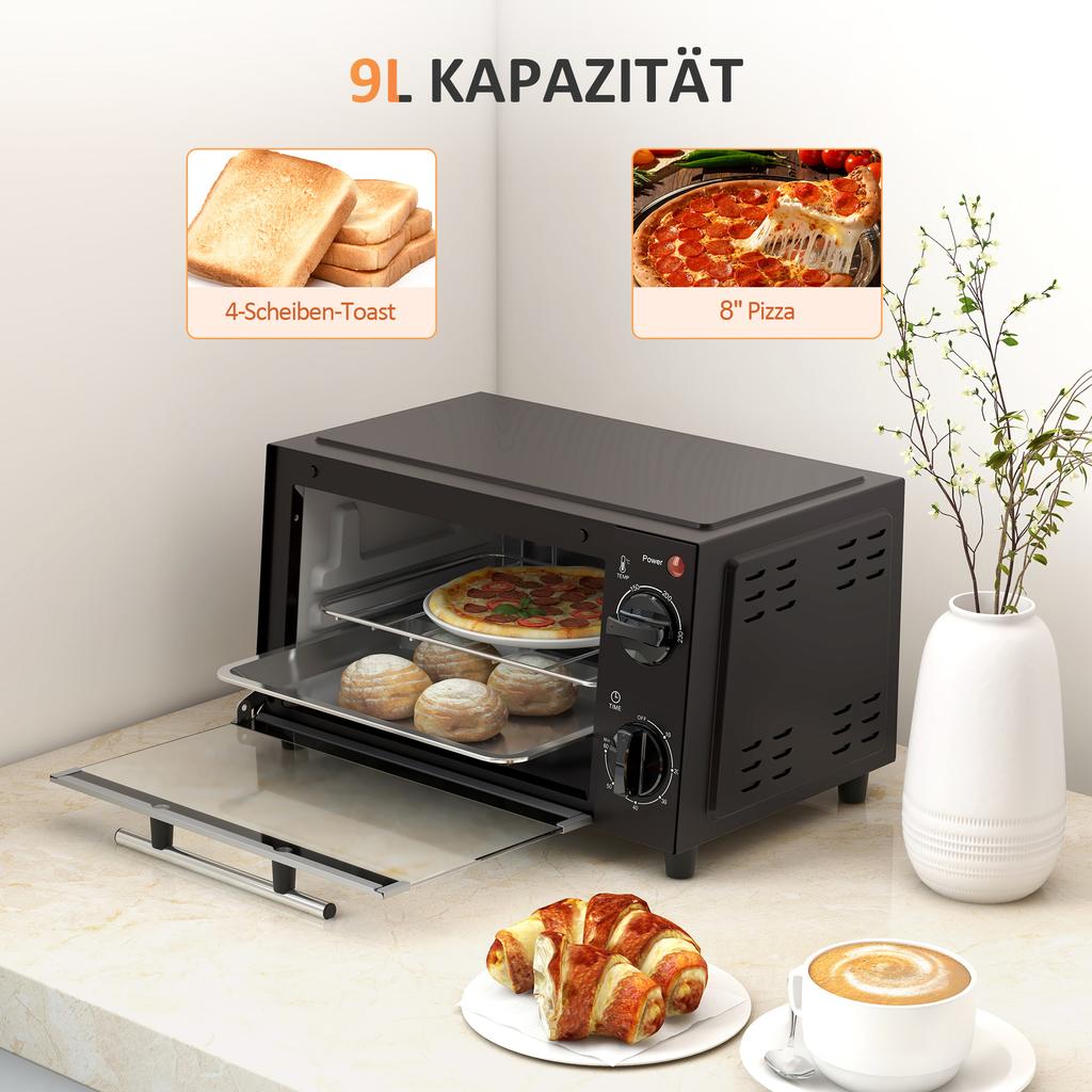 Mini Oven, 9 Liter Capacity, Adjustable Temperature and Cooking Time, with Grill Rack and Baking Tray, Black