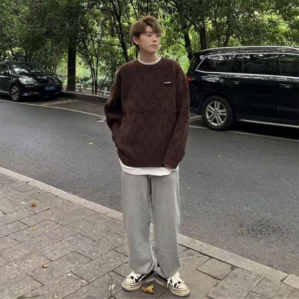 New jacquard striped sweater men's thickened lazy style premium sense loose retro crew neck knitted sweater