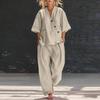 Women’s V Neck Loose Fit Short Sleeve Top and High Waist Long Pants Two Piece Set Casual Relaxed Style Outfit for Everyday Wear