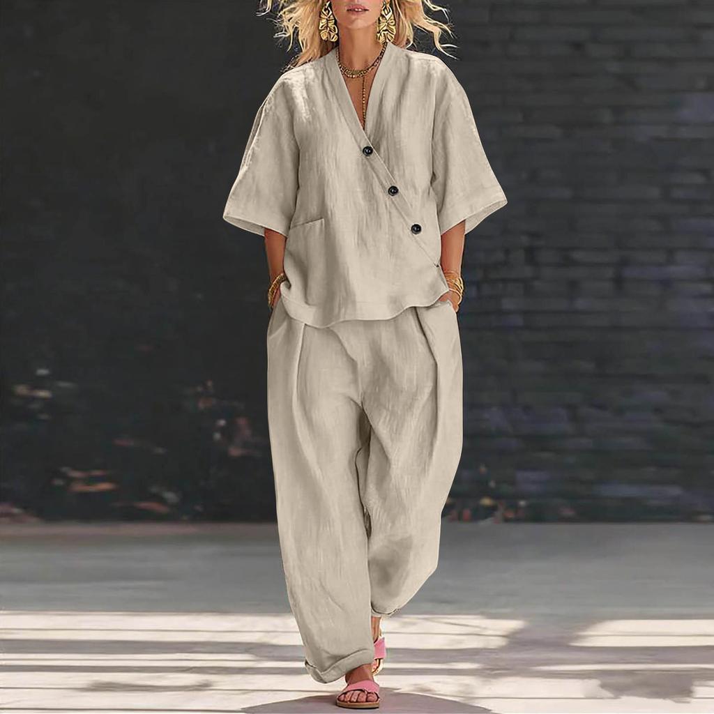 Women’s V Neck Loose Fit Short Sleeve Top and High Waist Long Pants Two Piece Set Casual Relaxed Style Outfit for Everyday Wear