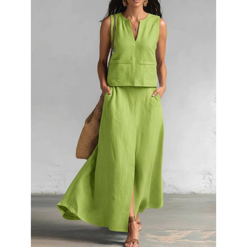 European and American Cross-border Sleeves Solid Color Cotton and Linen Tops Diagonally Inserted Bags Skirt Set 2026 Summer New Cross-border 