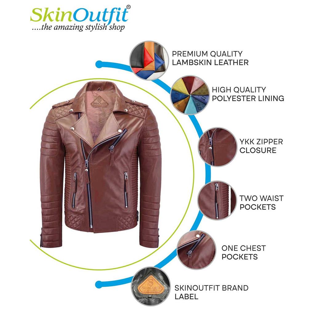 SKINOUTFIT Herren Motorrad Lederjacke Echtes Tan Lammleder Café Racer Biker Oberbekleidung