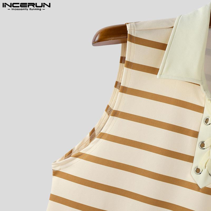 INCERUN Men Lapel Collar Sleeveless Stitching Striped Casual Loose Tank Tops