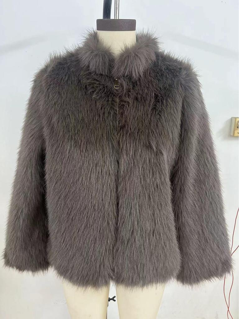 European & American Women's Fur High Neck Zipper Casual Top Coat - 2024 Autumn/Winter Collection