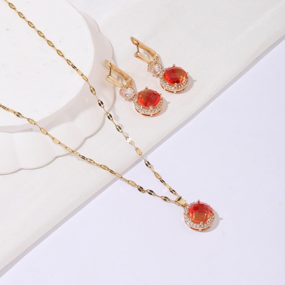 3pcs/set Luxurious  Colorful Cubic Zirconia Round Dangle Earrings Jewelry Sets for Women Wedding Daily Accessories with Stainless Steel Necklace