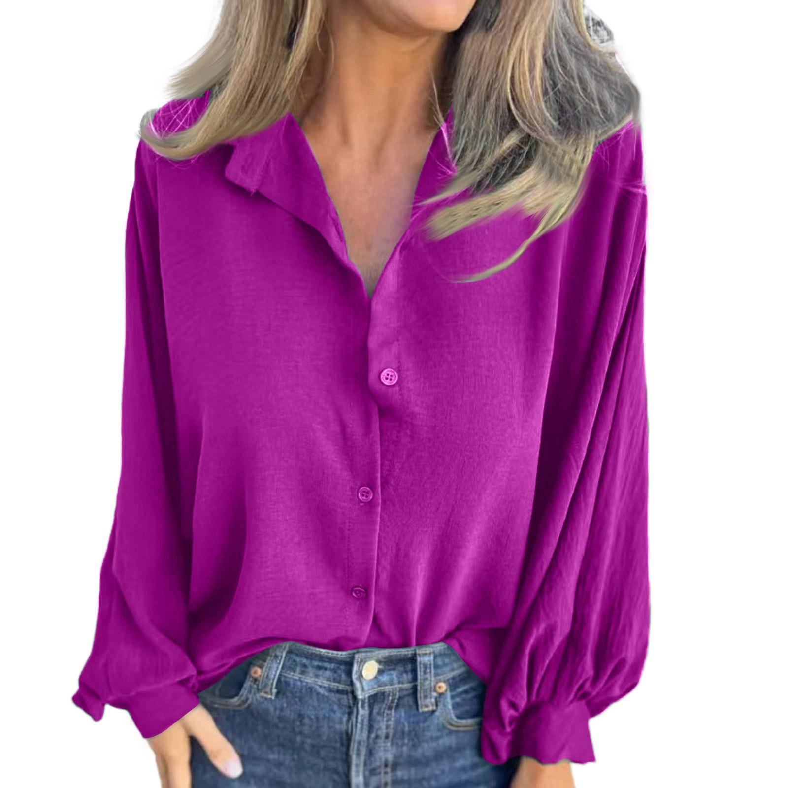 

Женская свободная повседневная однотонная рубашка с длинными рукавами и пуговицами на лацканах, модная рубашка с длинными рукавами S фиолетовый