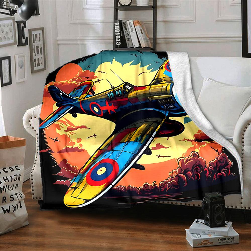 1pc Aircraft Aviation Lightweight Flannel Blanket, Comfortable and Warm Blanket, for Office and Camping Sofa Bed, Livingroom096