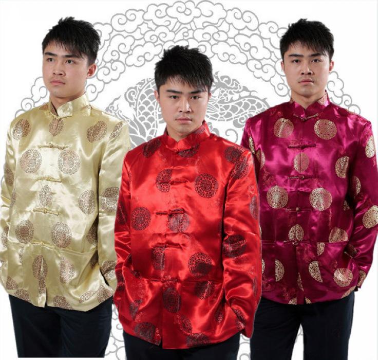 APEK Men's Red Long Sleeve Tang Suit Ethnic Outerwear for Spring, Autumn, Winter