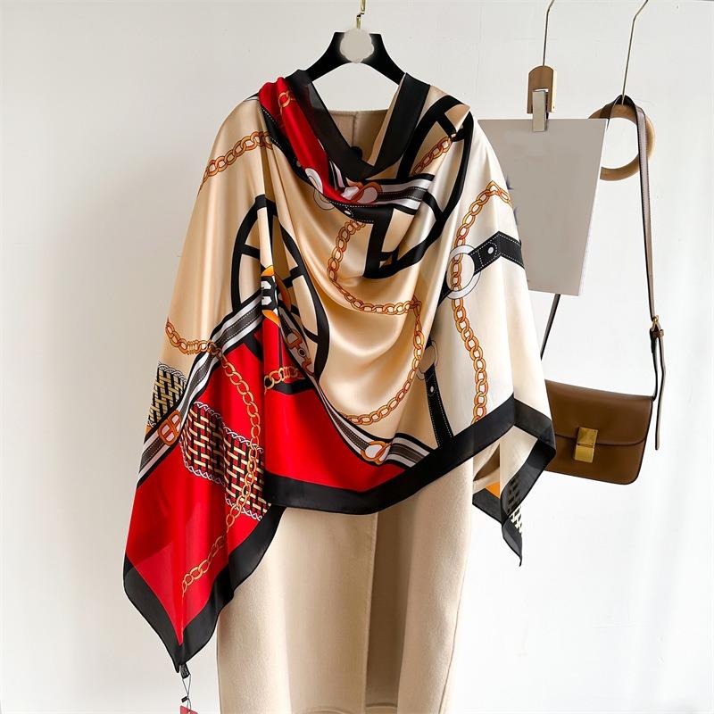 Chain Color Matching Large Size Shawl Imitation Silk Autumn and Winter Scarf Versatile Long Scarf Thin Brocade Silk Scarf Tide