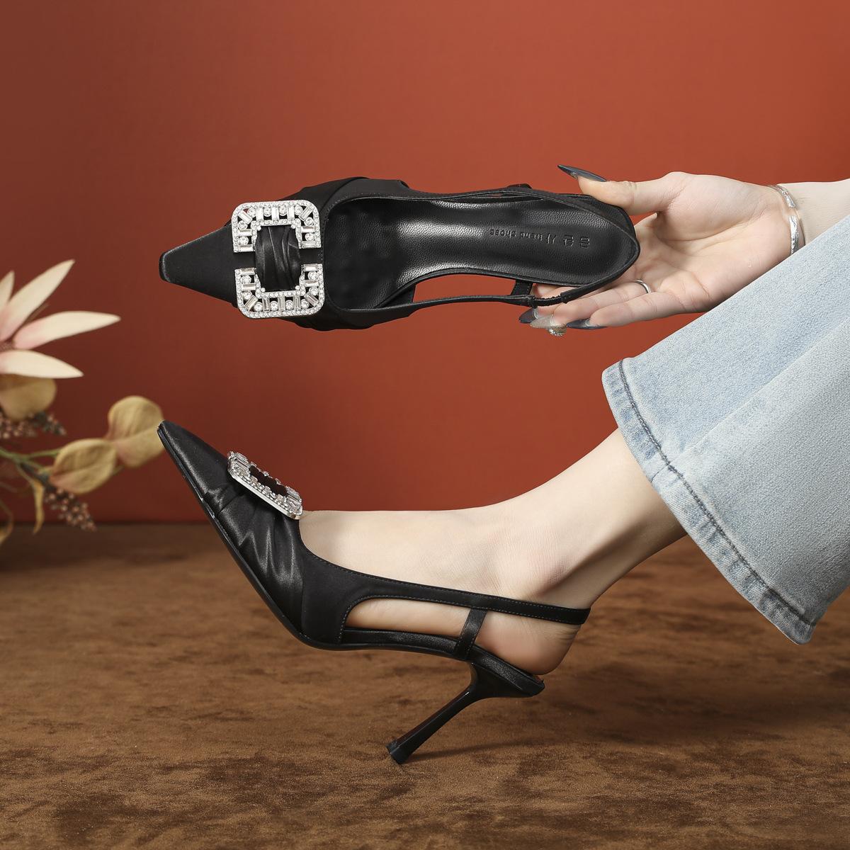 

Rhinestone square buckle 2025 new satin high heels stiletto women s high-end skirt summer women s shoes sandals bag head 39 бордовий