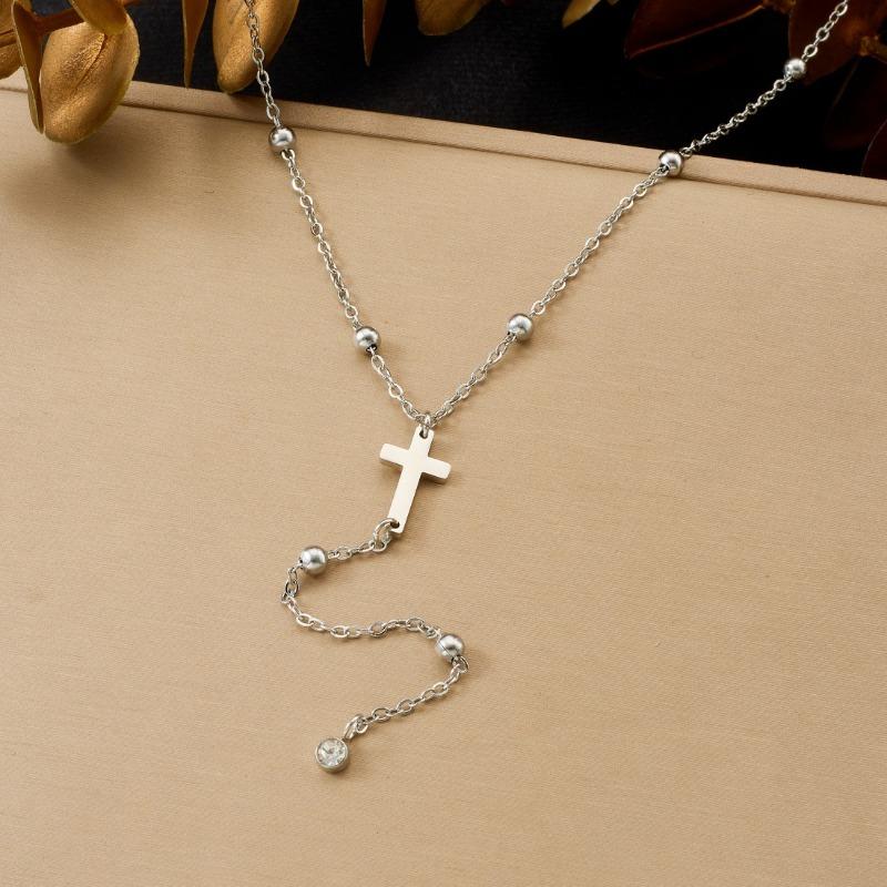 Gold Plated Cross Cubic Zirconia Y Drop Lariat Necklace