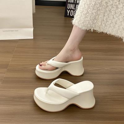 Thick-bottomed Muffin Flip-flops Women's Summer Wear 2025 New High-heeled French PU Outsole Toe Beach Cool